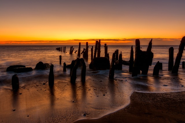 海滩 日落 木棍 - 上的免费照片