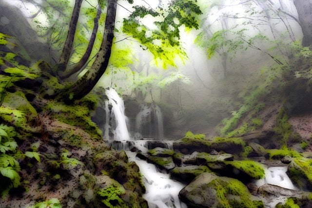 瀑布 绘画 树木 - 上的免费图片