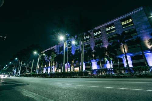 人行道上的绿色棕榈树在夜间灰色建筑物附近 · 免费素材图片