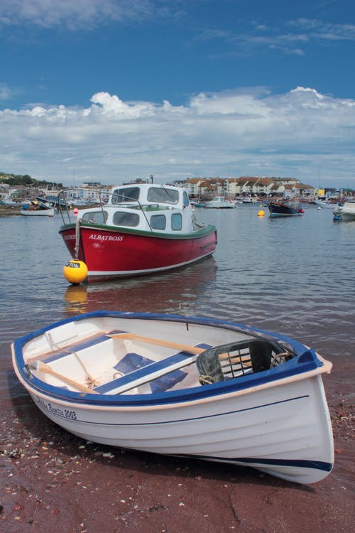 白色和蓝色的橡皮艇船停靠在海边 · 免费素材图片