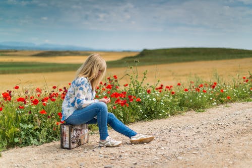 白天红色花瓣花附近的女孩 · 免费素材图片