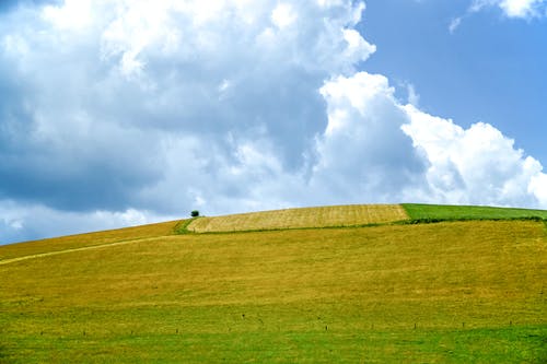 绿草覆盖的山，在白色和蓝色的天空下 · 免费素材图片