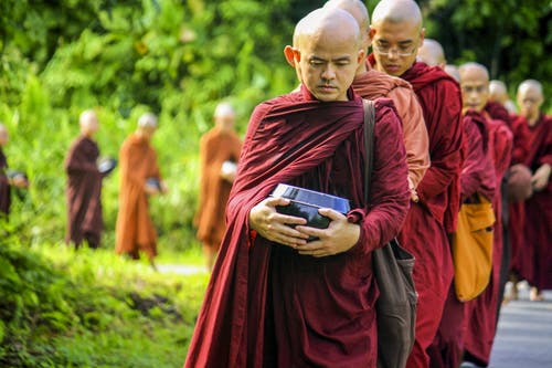 僧侣们拿着罐子附近绿叶树木 · 免费素材图片
