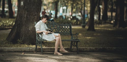 阅读本书时坐在公园的金属长凳上的女人 · 免费素材图片