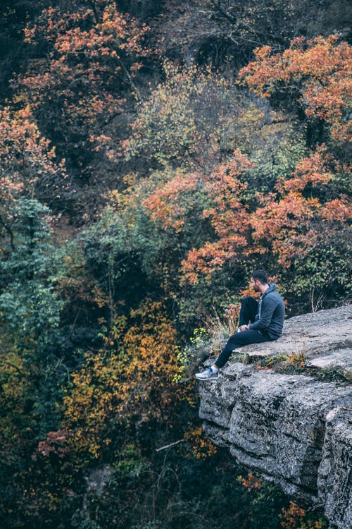 穿着黑色连帽衫和黑色裤子坐在绿色和红色的阔叶林上方的石崖上的人的摄影 · 免费素材图片
