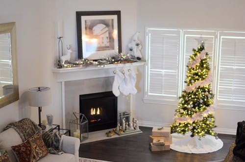 绿色和白色的预点燃的松树，在井间室内壁炉旁 · 免费素材图片