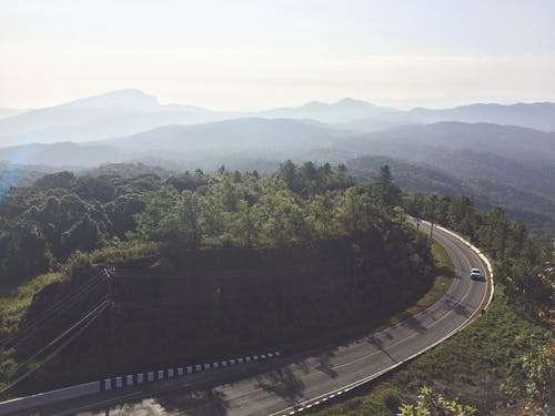 绿树旁的弯曲混凝土路的航拍 · 免费素材图片