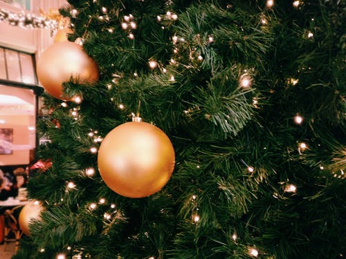 绿色的圣诞树与三个圆形金饰品 · 免费素材图片