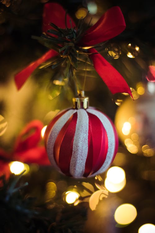 挂在圣诞树上的红色和白色条纹圣诞摆设 · 免费素材图片