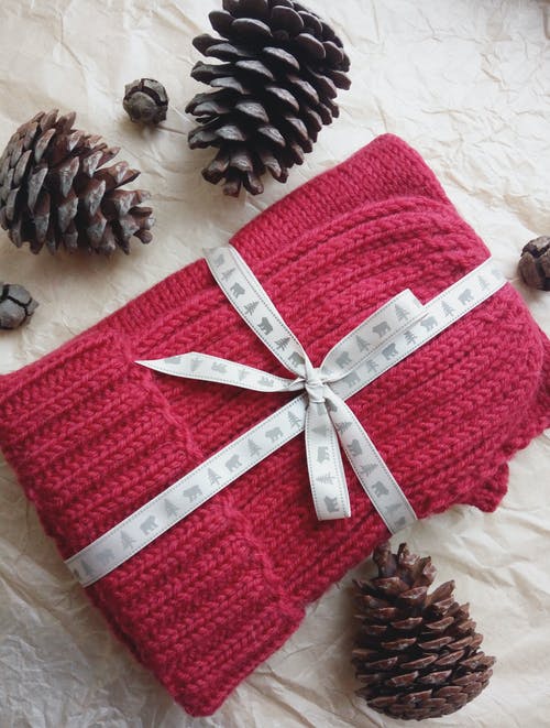 红色针织的纺织品和三个黑松果 · 免费素材图片