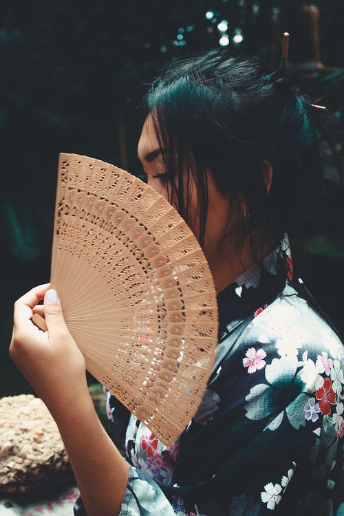 日本女人抱着布朗手扇 · 免费素材图片