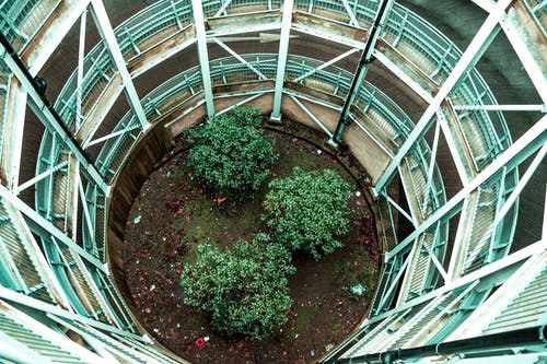 以树木为中心的钢结构的高角度摄影 · 免费素材图片