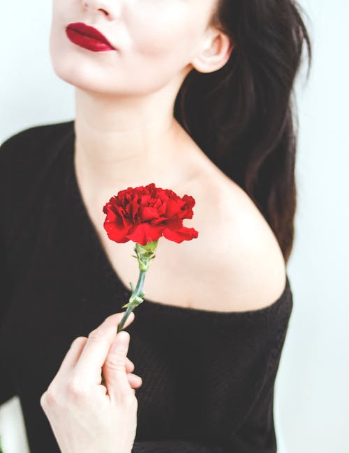 黑色单肩上衣，拿着红色康乃馨的女人 · 免费素材图片