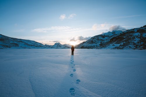 在白雪覆盖的山崖附近雪场上行走的人 · 免费素材图片
