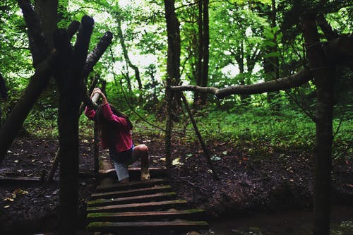 粉红色的外套，在森林里的木桥上的女孩 · 免费素材图片