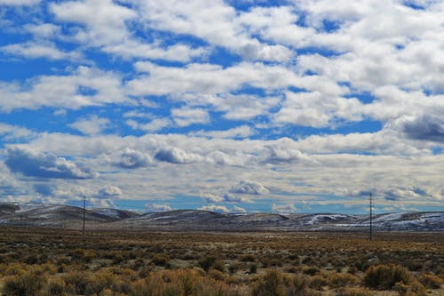 棕色和绿草在白多云的天空下的田野中间 · 免费素材图片