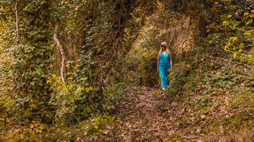 女人穿着蓝色连身衣走在森林里 · 免费素材图片