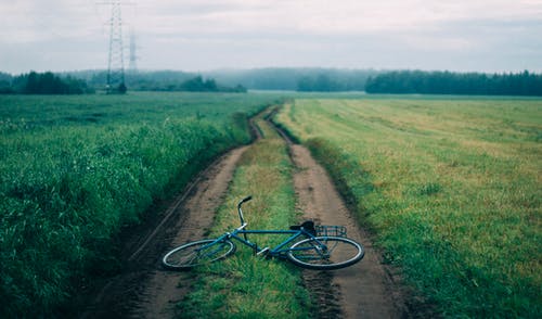 在绿草地上的蓝色通勤自行车风景摄影 · 免费素材图片