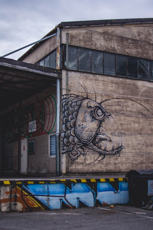 封闭的棕色建筑与怪物鱼涂鸦摄影 · 免费素材图片