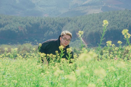 黑色套头衫帽衫站在花田中的男人 · 免费素材图片