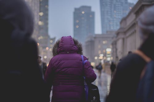 在大街上穿紫色连帽外套的人的选择性聚焦照片 · 免费素材图片
