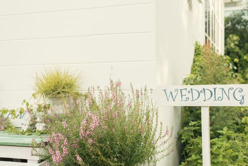 带有绿色植物的房子附近的婚礼标志 · 免费素材图片