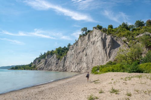 女人走在悬崖附近的棕色海滨与绿树在蓝色和白色的天空下 · 免费素材图片