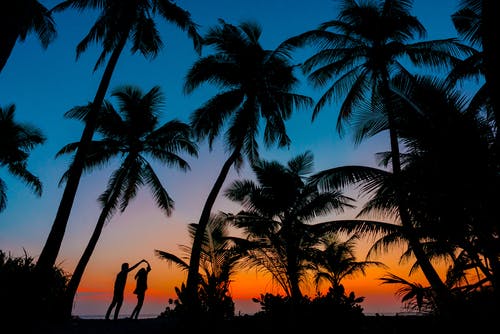 日落期间男人和女人在树旁边的剪影摄影 · 免费素材图片