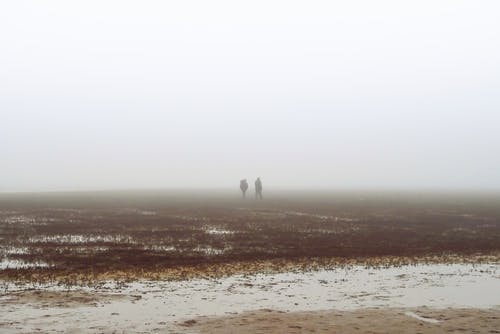 两人在雾覆盖的田野上行走 · 免费素材图片