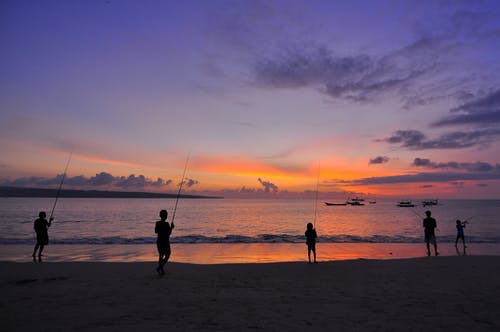 五人站在海边，在日落的剪影 · 免费素材图片