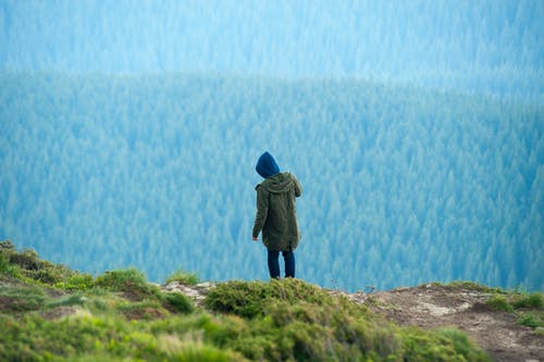 站在悬崖上的绿色外套的人 · 免费素材图片