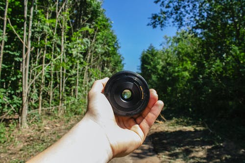 在树林里拿着相机镜头的人 · 免费素材图片