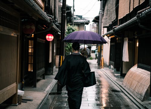 女人用紫色的伞，走在街上 · 免费素材图片