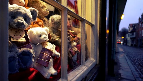 玻璃窗附近的各色熊毛绒玩具 · 免费素材图片