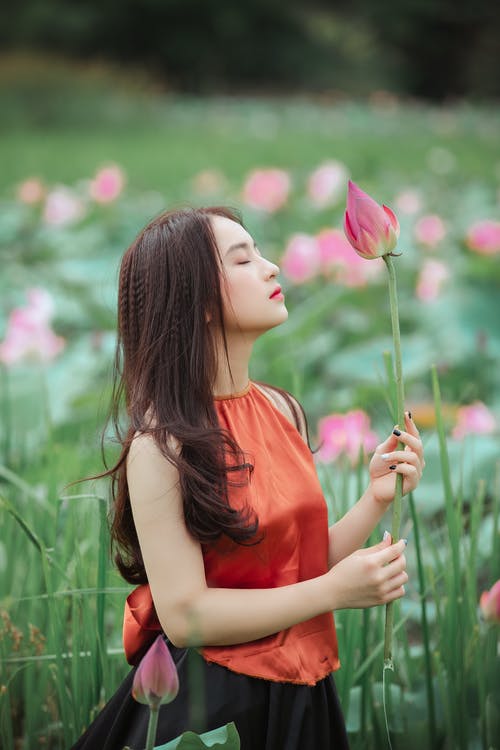 女人抱着粉红色的莲花 · 免费素材图片