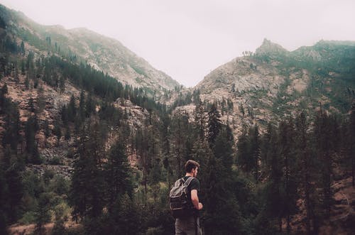 男子站立和面对树木和灰色岩石山照片 · 免费素材图片