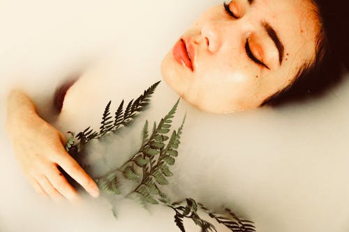 女人的身体浸在水中拿着绿色的植物 · 免费素材图片