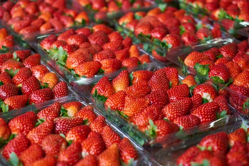 草莓在塑料容器上的特写照片 · 免费素材图片