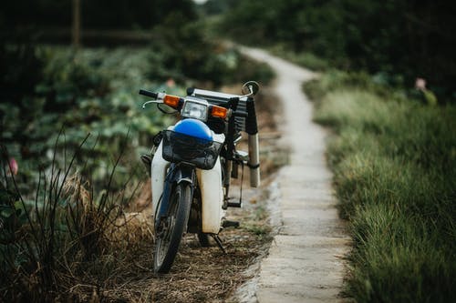 选择性聚焦摄影的白色和黑色的摩托车停在绿草附近的道路上 · 免费素材图片