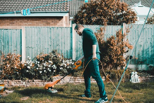 男子手持橙色电动割草机在草坪上 · 免费素材图片