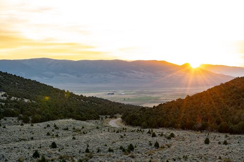 日出时树木覆盖的山脉 · 免费素材图片