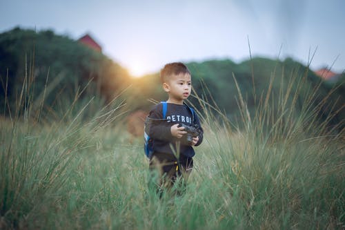 男孩站在拿着照相机的绿草上的浅焦点摄影 · 免费素材图片