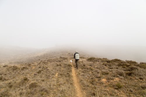 在雾覆盖的山顶上行走的人 · 免费素材图片