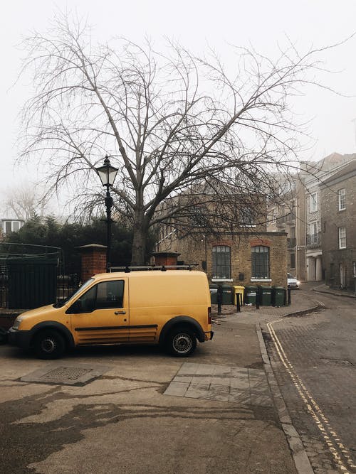 黄色面包车停在裸树附近 · 免费素材图片