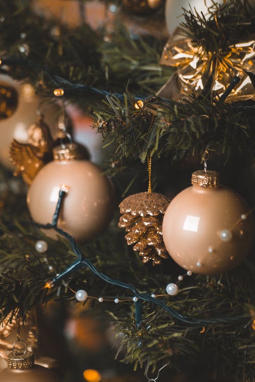 米色的小玩意和圣诞树上的灯串 · 免费素材图片