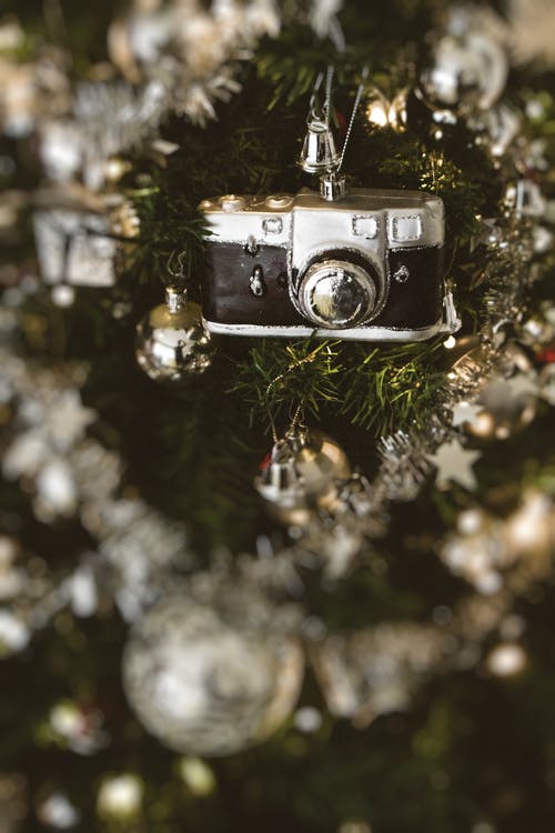 黑色相机挂在圣诞树上 · 免费素材图片