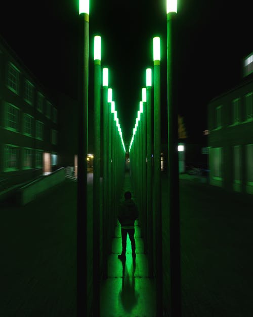 站在绿色点燃的走廊上的人 · 免费素材图片