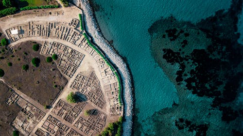 大型水体旁的建筑物和树木的俯视摄影 · 免费素材图片