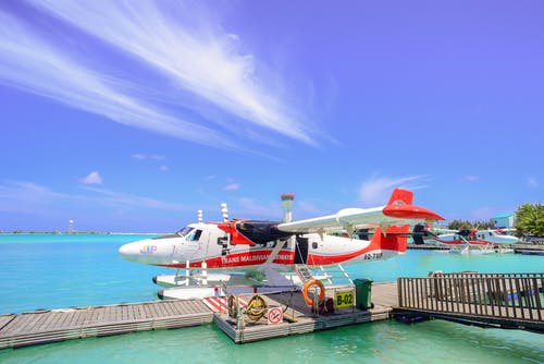 布朗船坞旁边的水面上的白色和红色飞机 · 免费素材图片