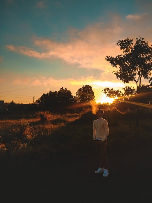 黄金时段站在草地上的人 · 免费素材图片
